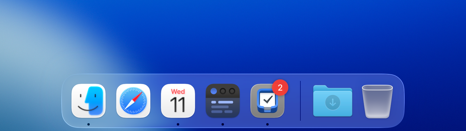 Dock in macOS 26 showing the Things app icon placed on a glass surface.