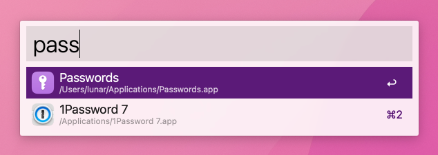 Screenshot of a launching the Passwords app from Alfred