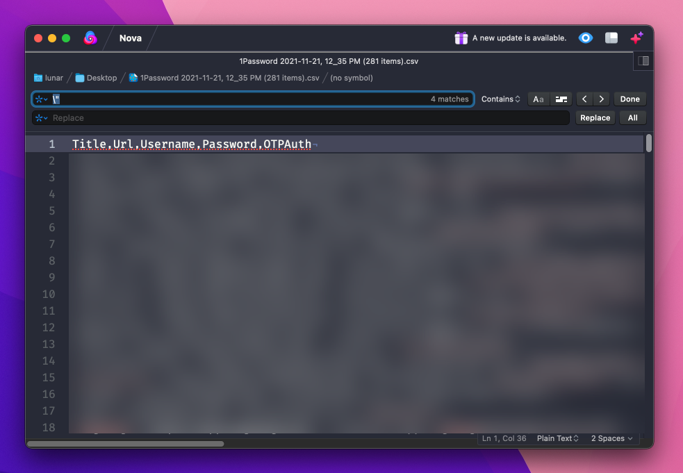 Screenshot of the Nova text editor used for removing passwords with quotation marks