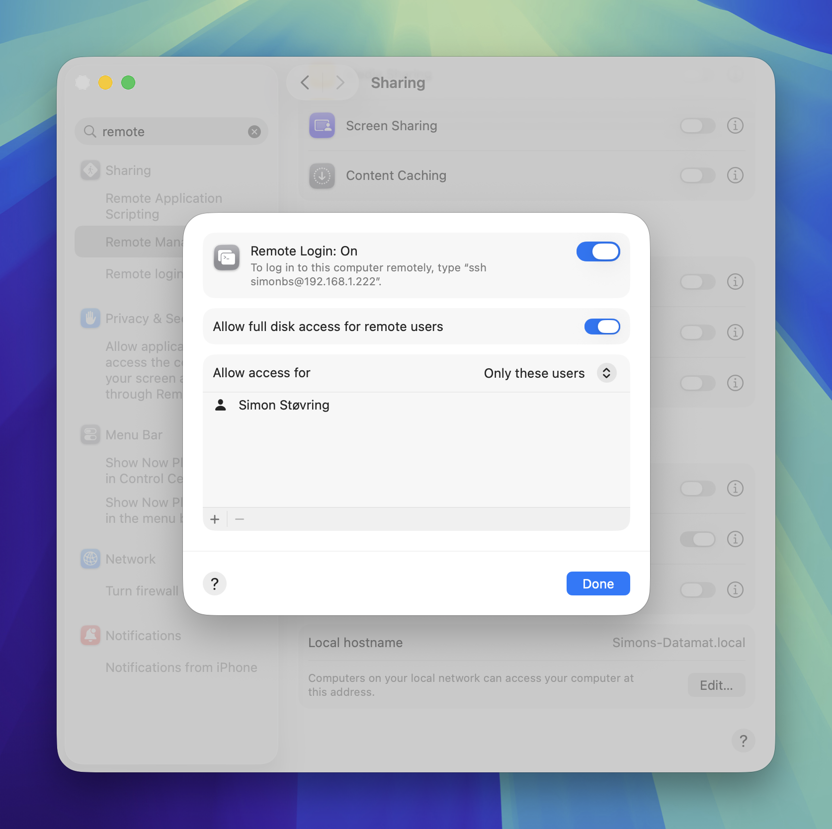 macOS System Settings showing Remote Login enabled.