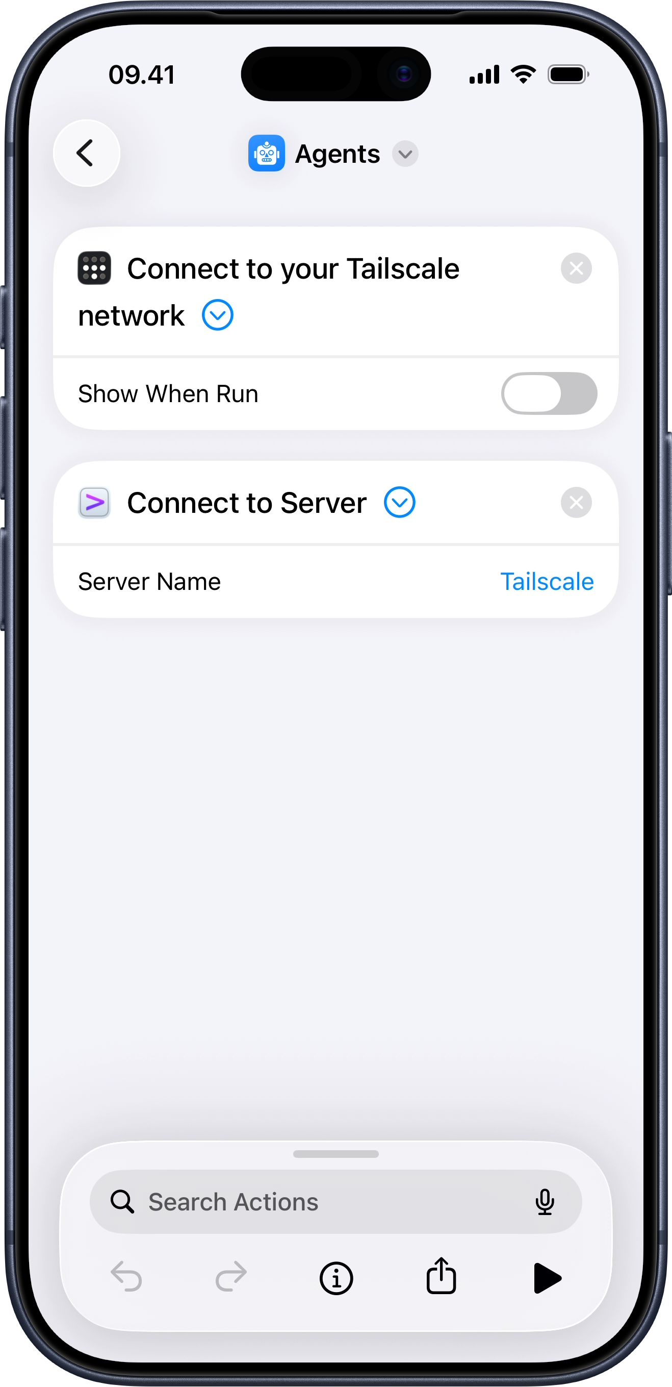 iPhone Shortcut showing actions for opening Tailscale and then Prompt.