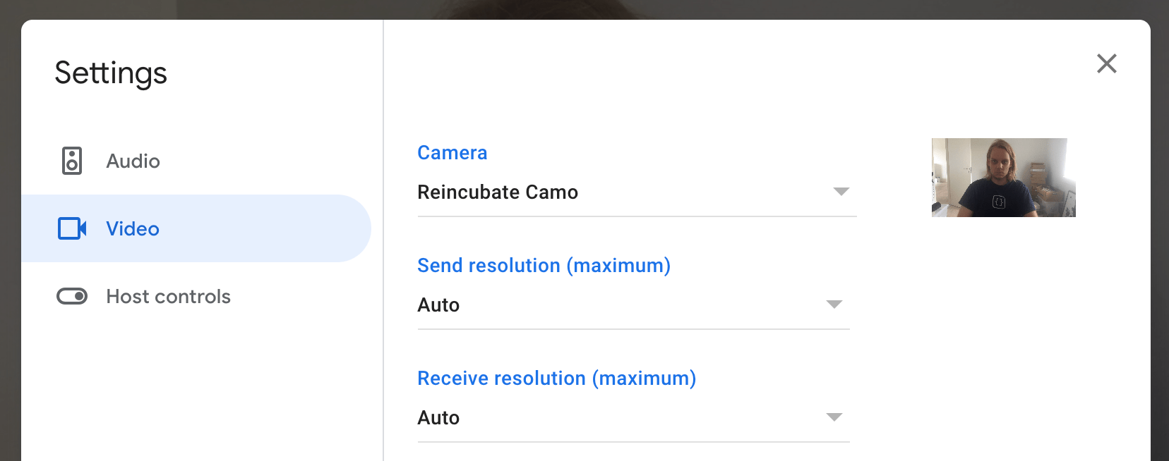 Screenshot of Google Meet with Camo selected as the camera.