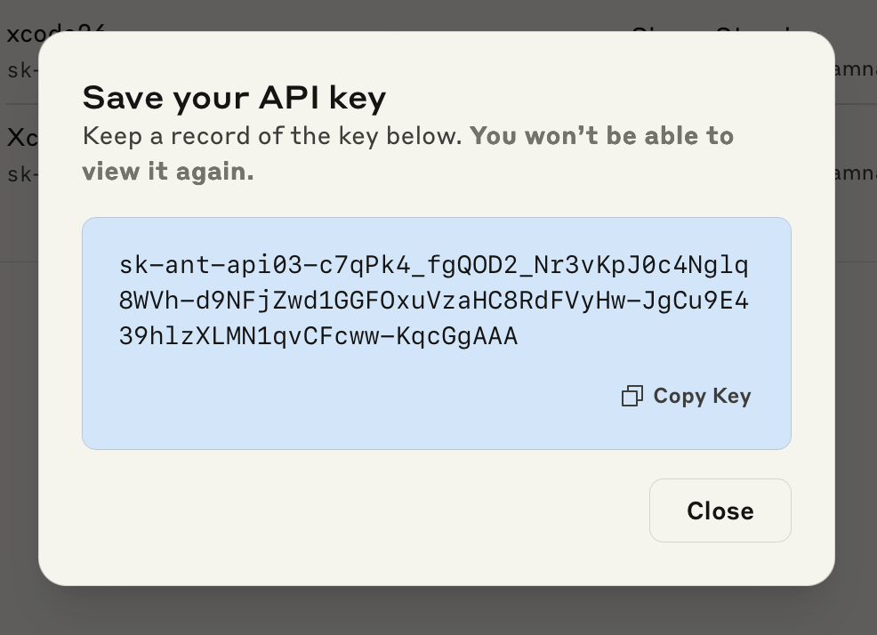 Screenshot showing Anthropic's interface for copying an API key to the clipboard.