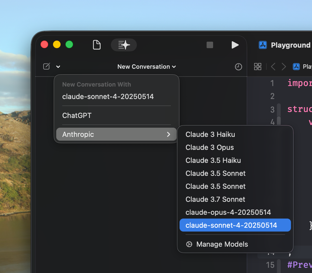 Screenshot showing Xcode's model selector in Coding Assistant