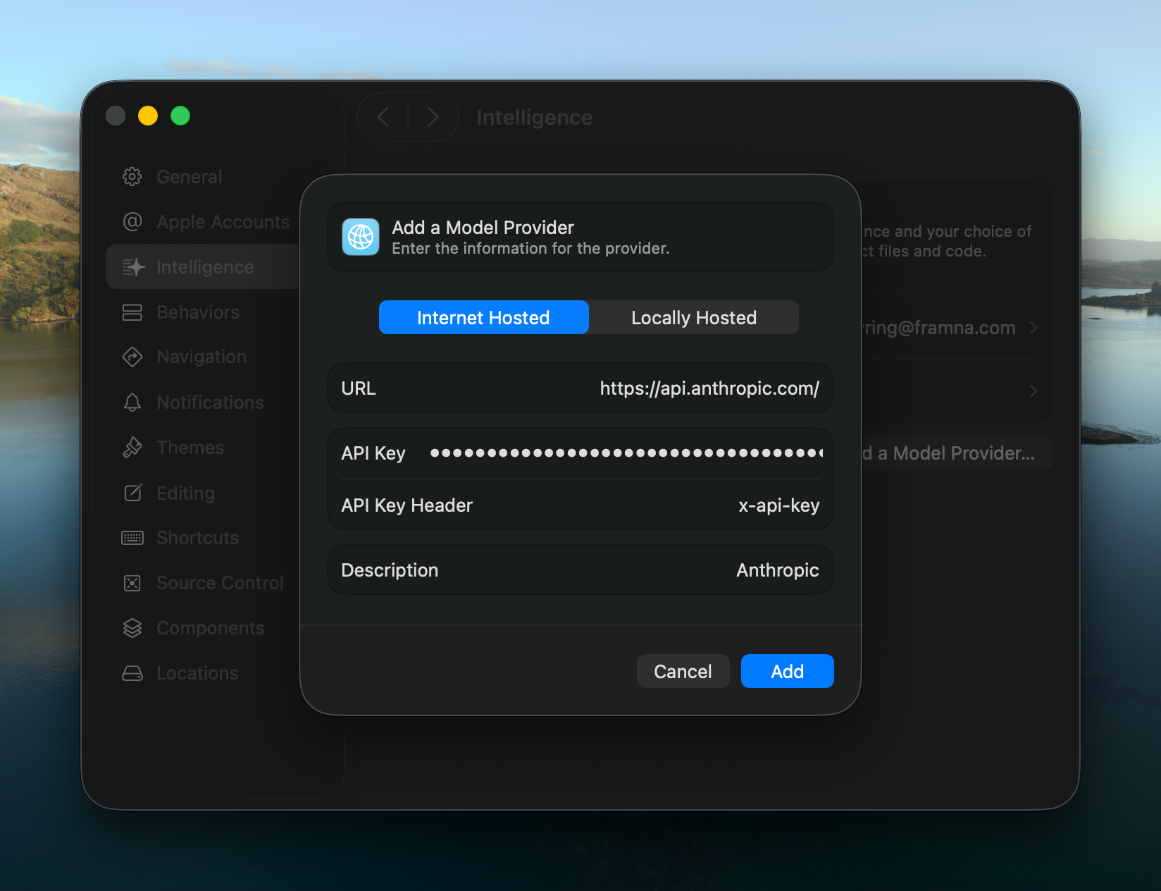 Screenshot showing Xcode's Intelligence settings configured to be used with Anthropic.